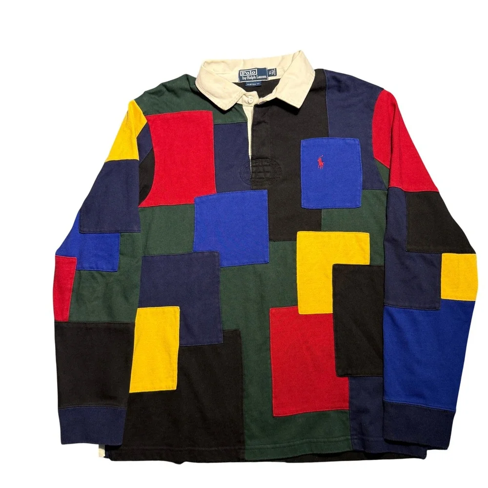 Polo Ralph Lauren Patchwork Rugby Shirt Mens XL Multi Color Long Sleeve